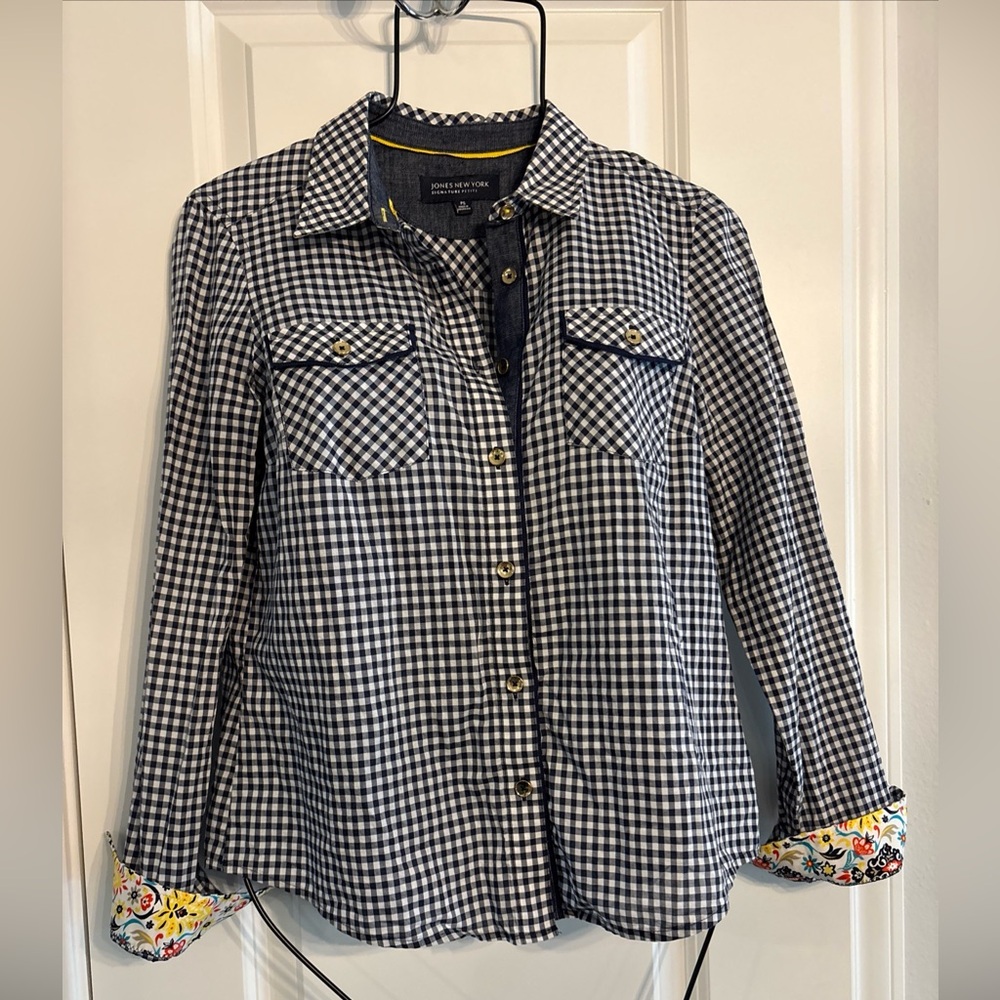 Women’s Navy & White Gingham long sleeve Button-Front Shirt, floral cuff - PS